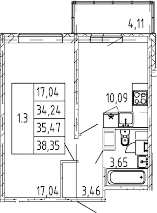 1-комнатная квартира 34.24 м², 3/12 эт., ЖК «Полис ЛАВрики»